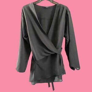 Allsaints Black Wrap Mia Sleeve Top Blouse XS Polyester